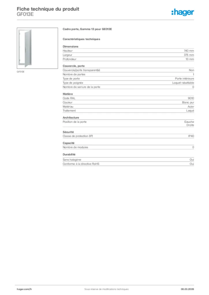Image Hager Fiche technique du produit GF013E | Hager France