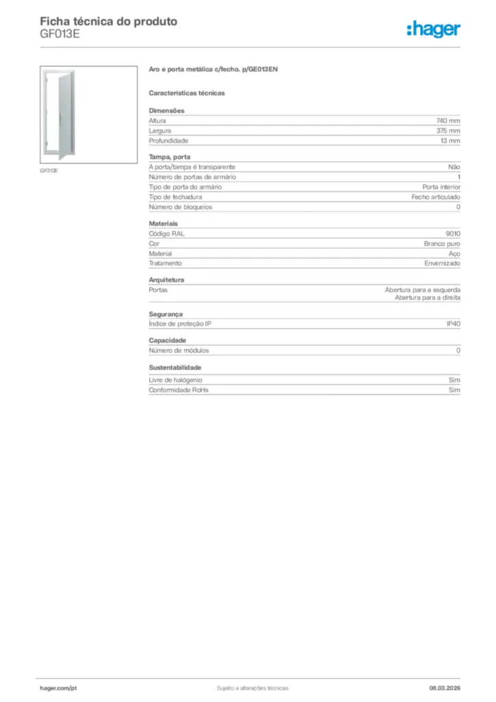 Imagem Hager Ficha técnica do produto GF013E | Hager Portugal