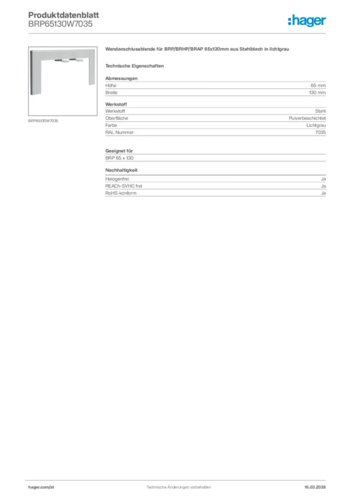 Bild Hager Produktdatenblatt BRP65130W7035 | Hager Deutschland
