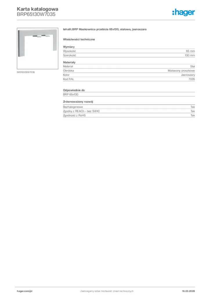 Zdjęcie Hager Karta katalogowa BRP65130W7035 | Hager Polska