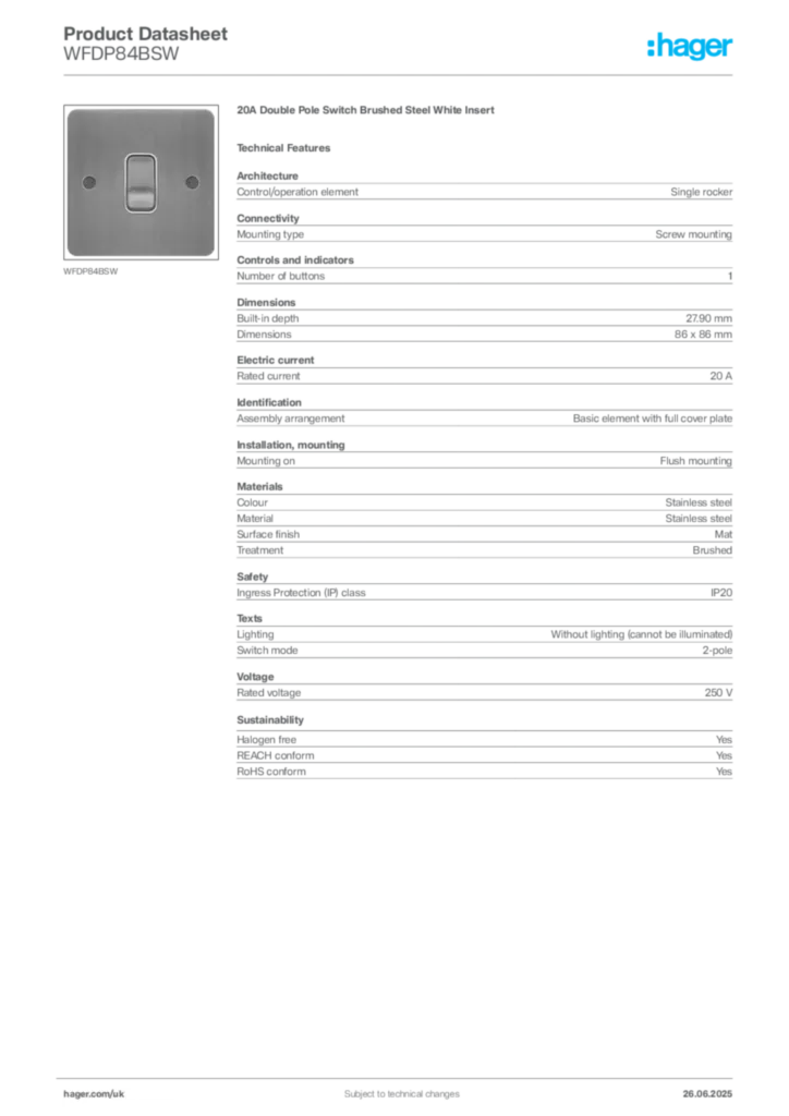 Image Hager Product data sheet WFDP84BSW  | Hager
