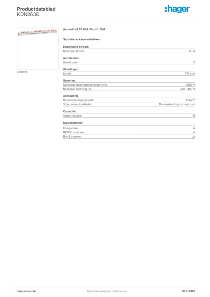 Afbeelding Hager Productdatablad KDN263G | Hager Belgium