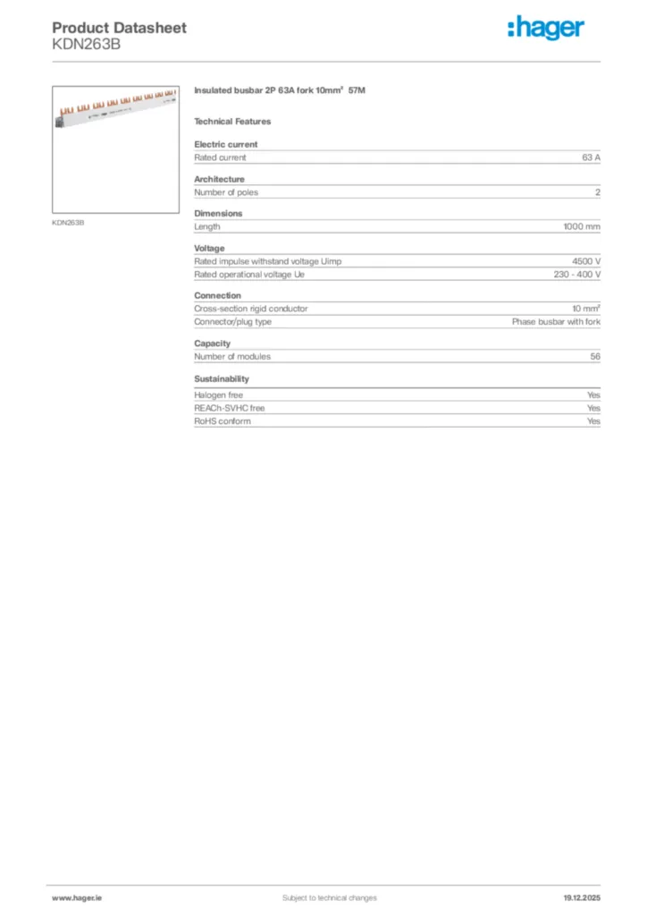 Image Hager Product data sheet KDN263B  | Hager