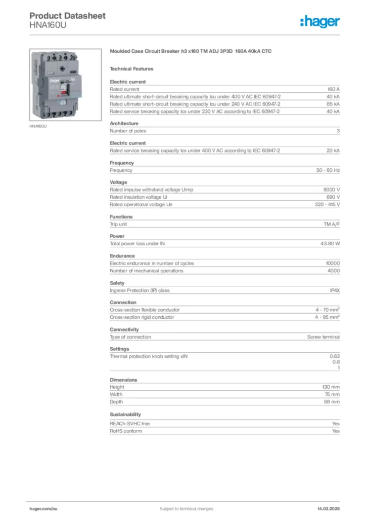 Image Hager Product data sheet HNA160U  | Hager Australia