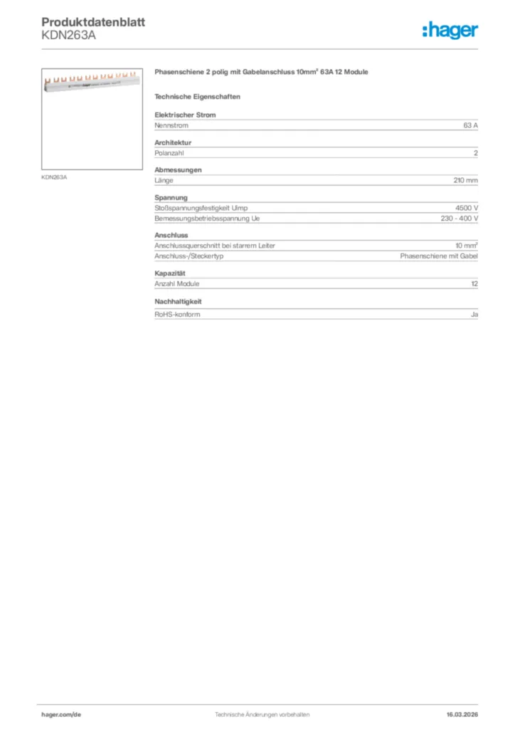 Bild Hager Produktdatenblatt KDN263A | Hager Deutschland