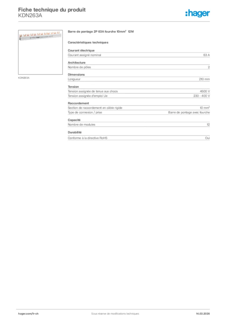 Image Hager Fiche technique du produit KDN263A | Hager Suisse