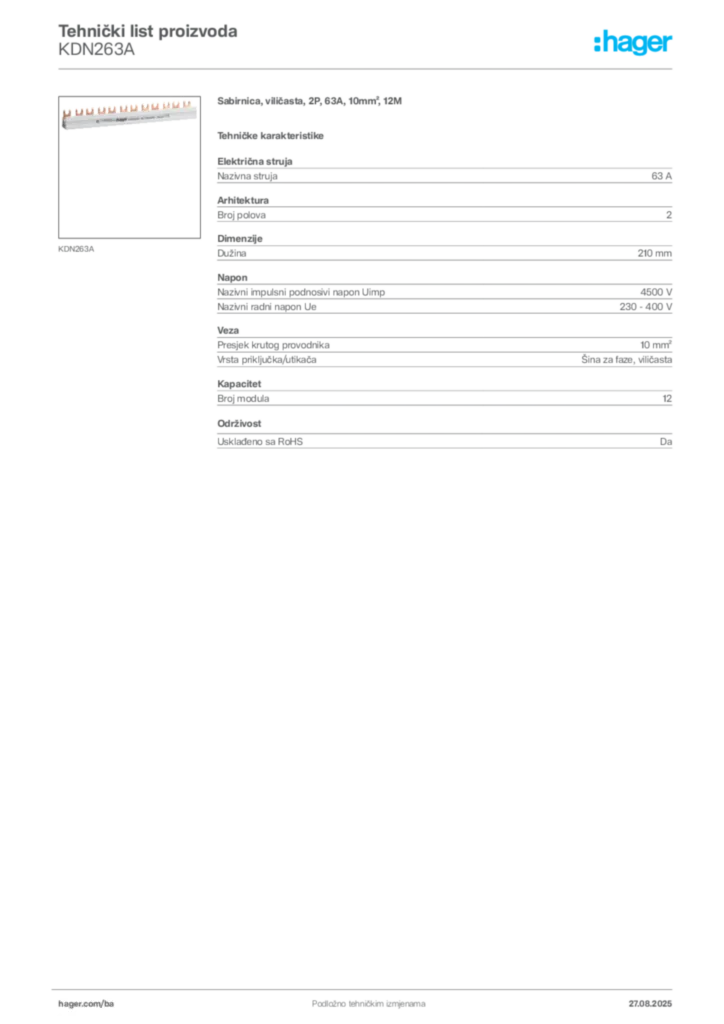 Slika Hager Product data sheet KDN263A  | Hager