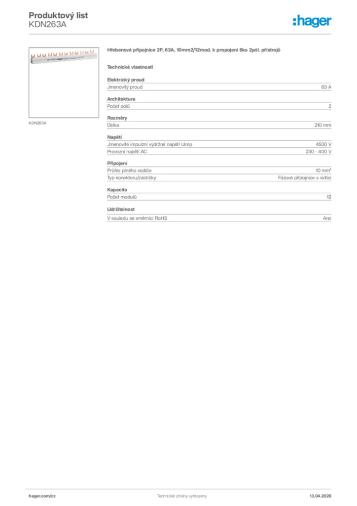 Obrázek Hager Product data sheet KDN263A | Hager