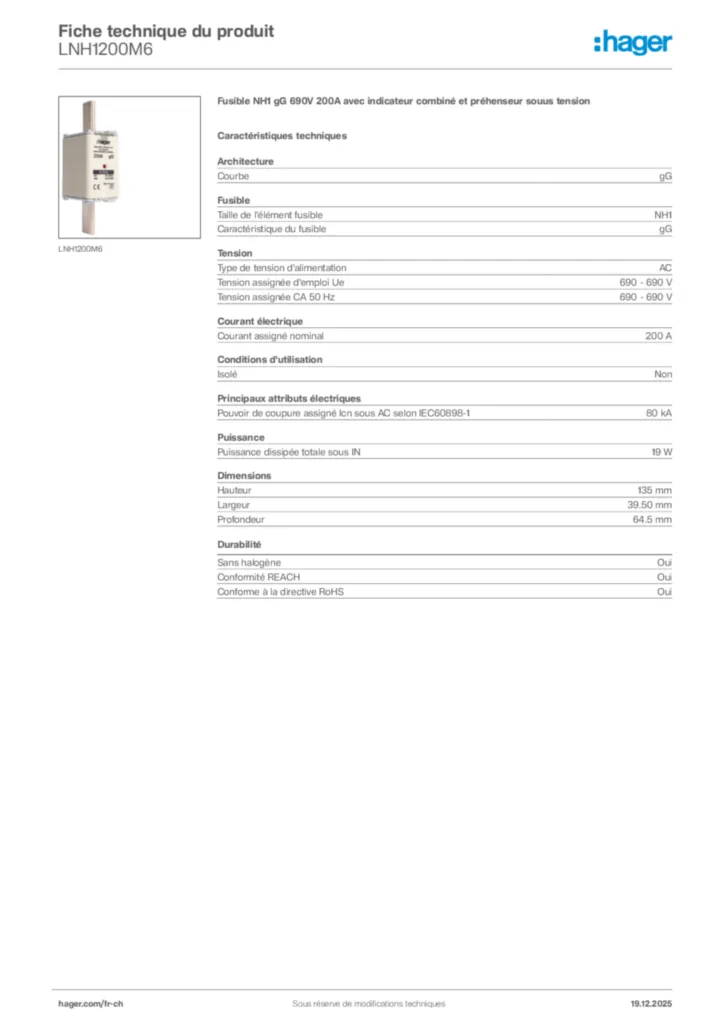 Image Hager Fiche technique du produit LNH1200M6 | Hager Suisse