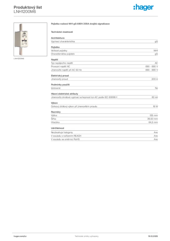 Obrázek Hager Produktový list LNH1200M6 | Hager
