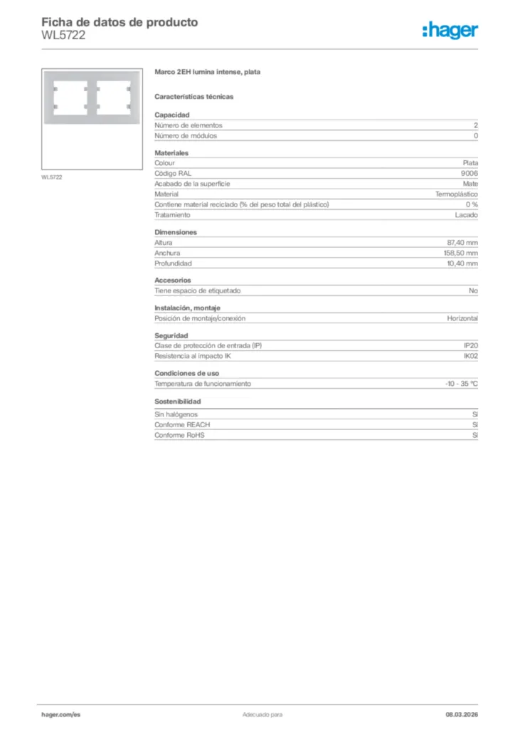 Imagen Hager Ficha de datos de producto WL5722 | Hager España