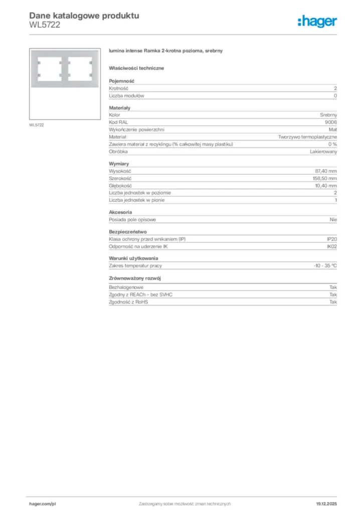 Zdjęcie Hager Karta katalogowa WL5722 | Hager Polska