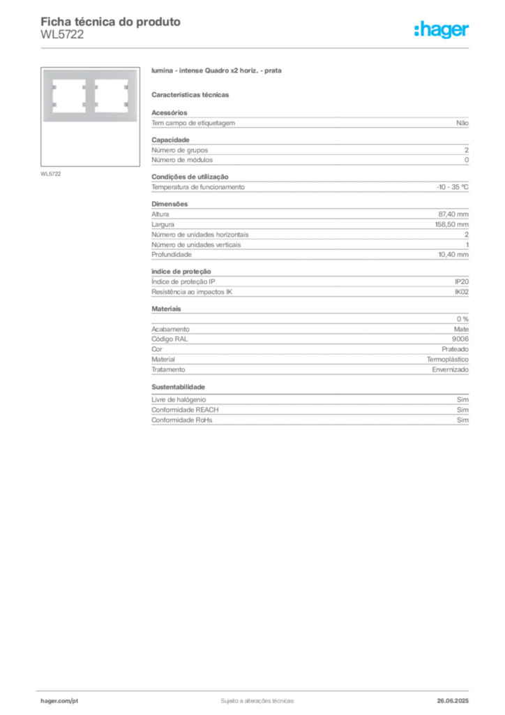 Imagem Hager Ficha técnica do produto WL5722 | Hager Portugal