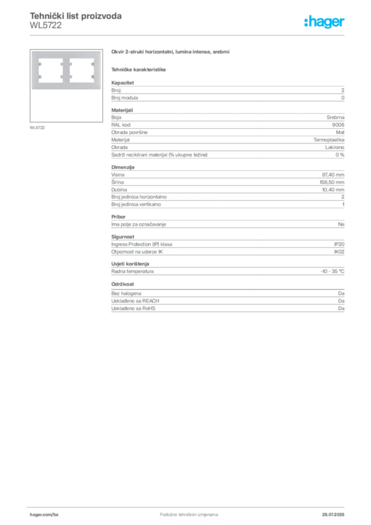 Slika Hager Product data sheet WL5722  | Hager