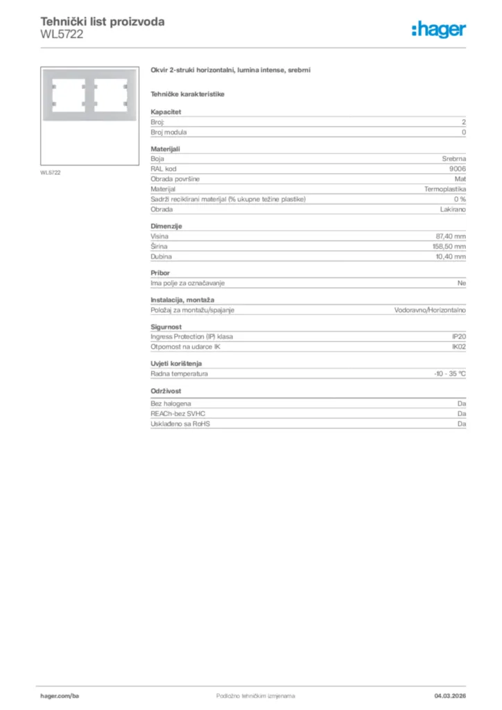Slika Hager Tehnički list proizvoda WL5722  | Hager