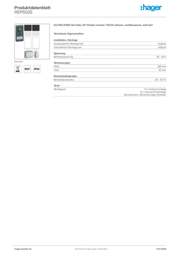 Bild Hager Produktdatenblatt REP502S | Hager Schweiz