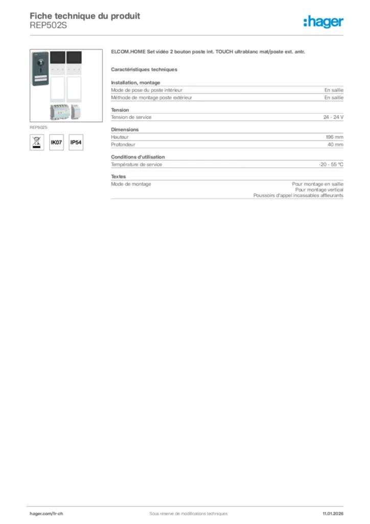 Image Hager Fiche technique du produit REP502S | Hager Suisse