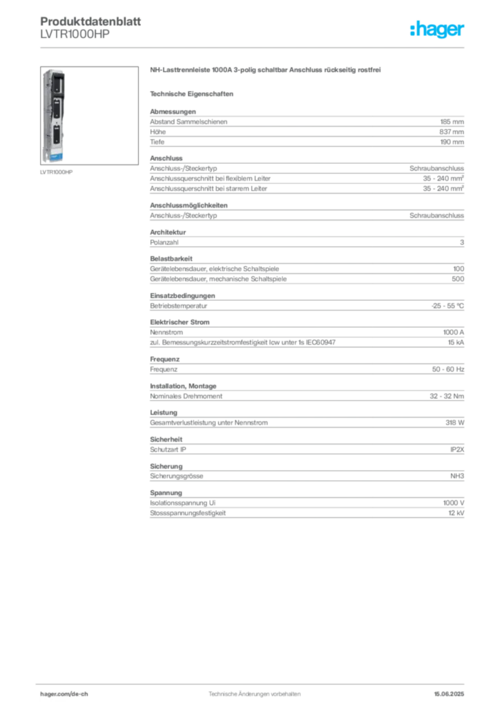 Bild Hager Produktdatenblatt LVTR1000HP | Hager Schweiz