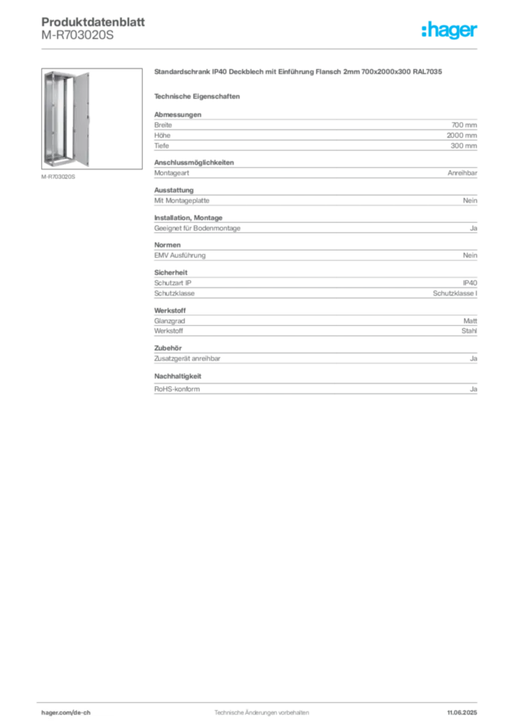 Bild Hager Produktdatenblatt M-R703020S | Hager Schweiz