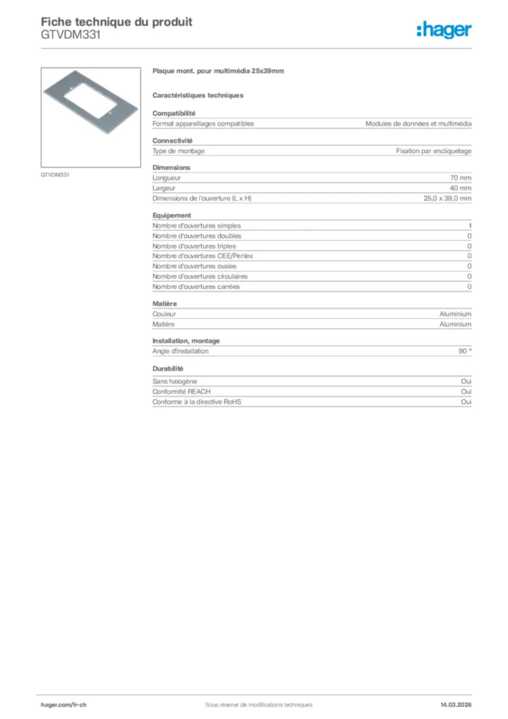 Image Hager Fiche technique du produit GTVDM331 | Hager Suisse