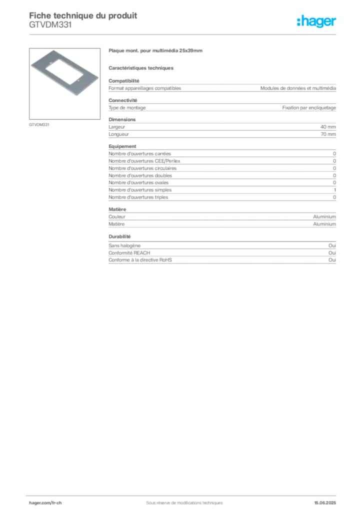 Image Hager Fiche technique du produit GTVDM331 | Hager Suisse