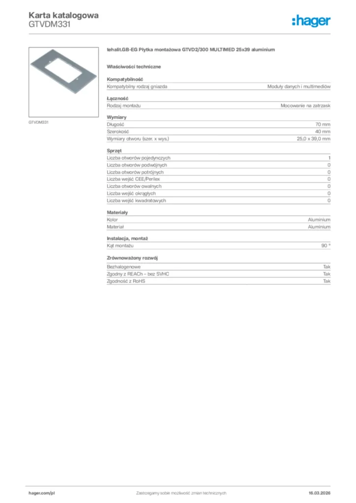 Zdjęcie Hager Karta katalogowa GTVDM331 | Hager Polska