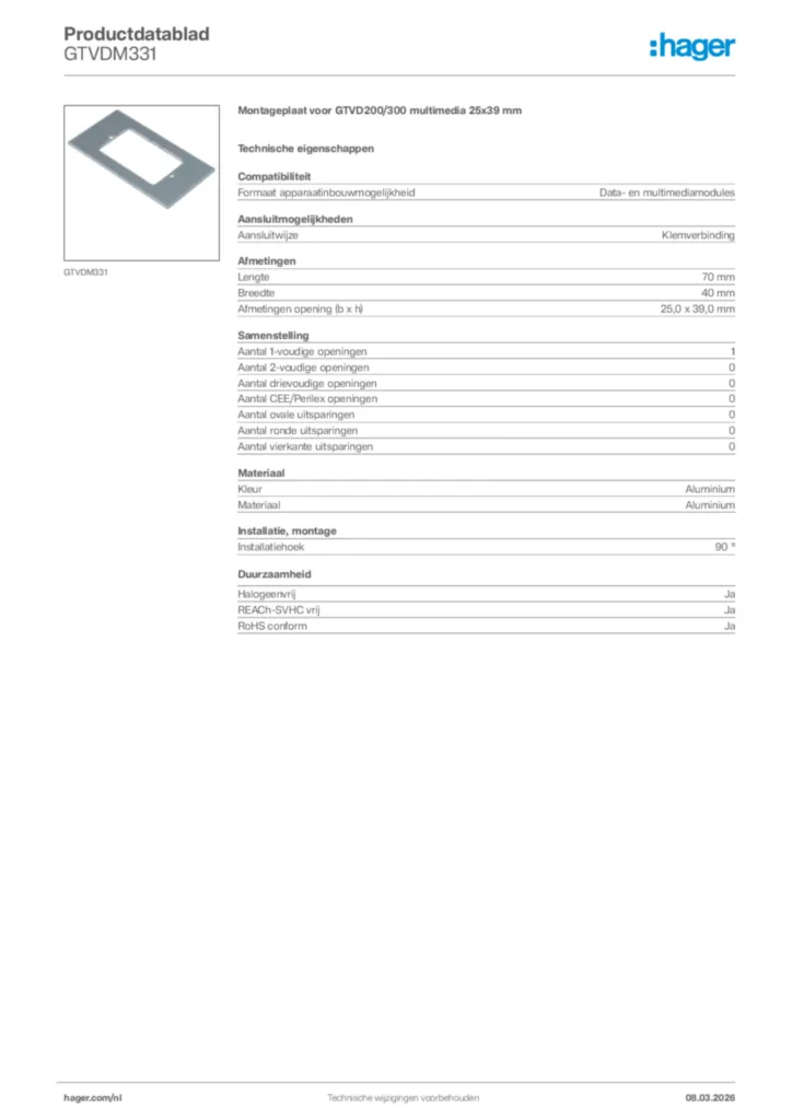 Afbeelding Hager Productdatablad GTVDM331 | Hager Nederland