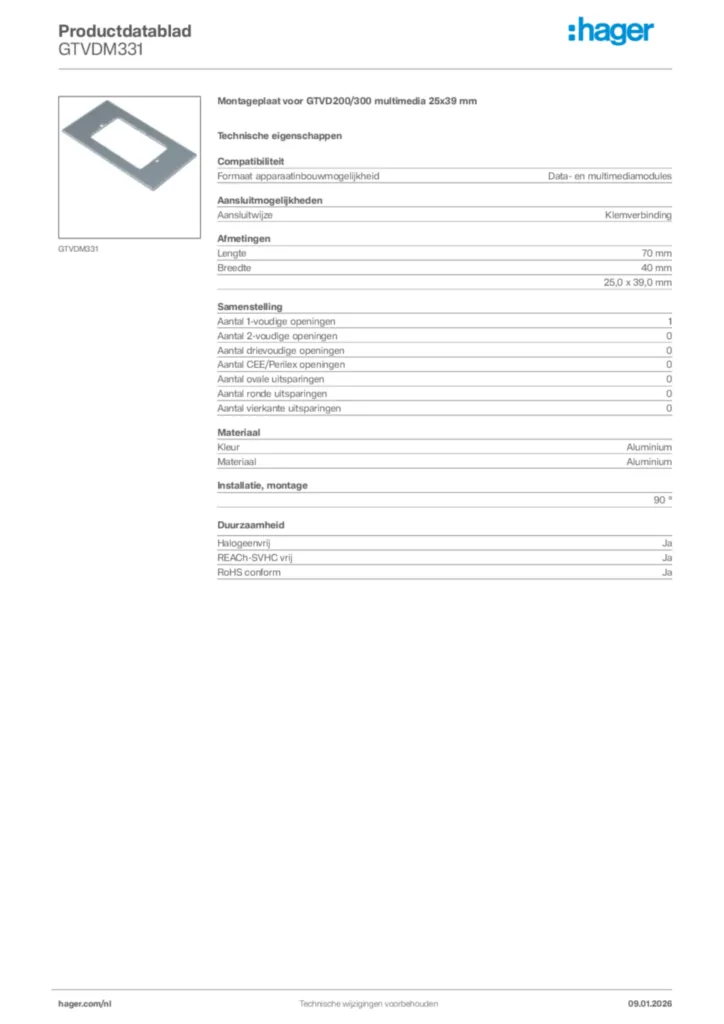 Afbeelding Hager Productdatablad GTVDM331 | Hager Nederland