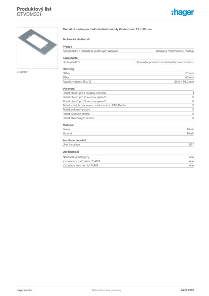 Obrázek Hager Product data sheet GTVDM331 | Hager