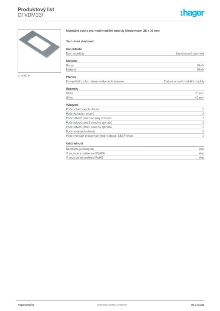 Obrázek Hager Produktový list GTVDM331 | Hager