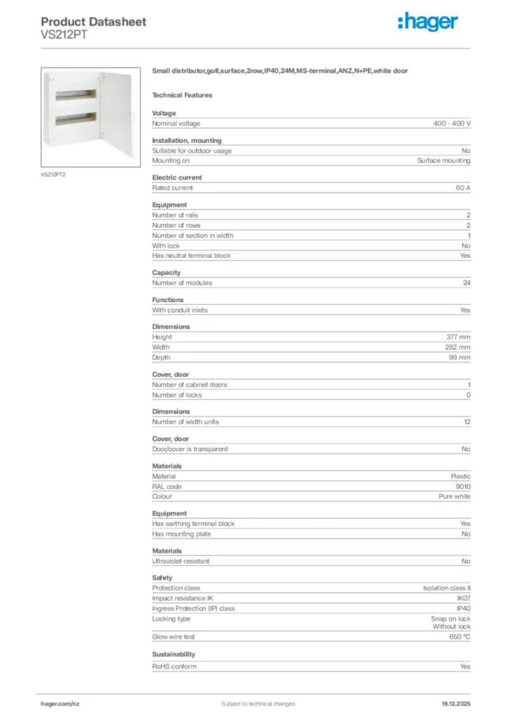 Image Hager Product data sheet VS212PT  | Hager New Zealand
