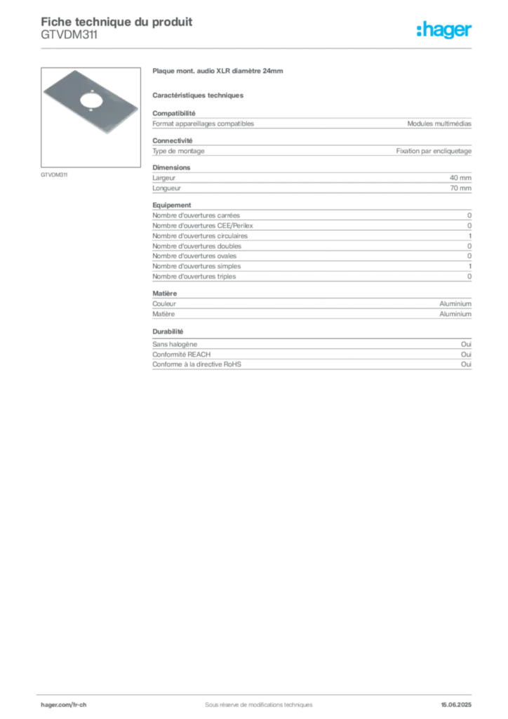 Image Hager Fiche technique du produit GTVDM311 | Hager Suisse