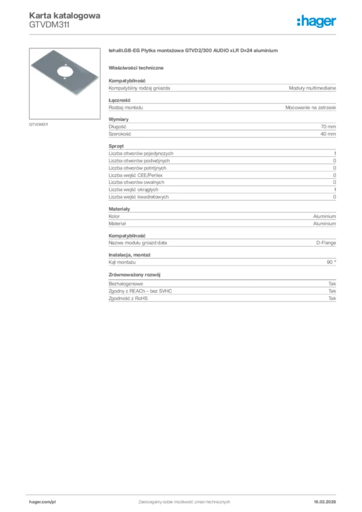 Zdjęcie Hager Karta katalogowa GTVDM311 | Hager Polska