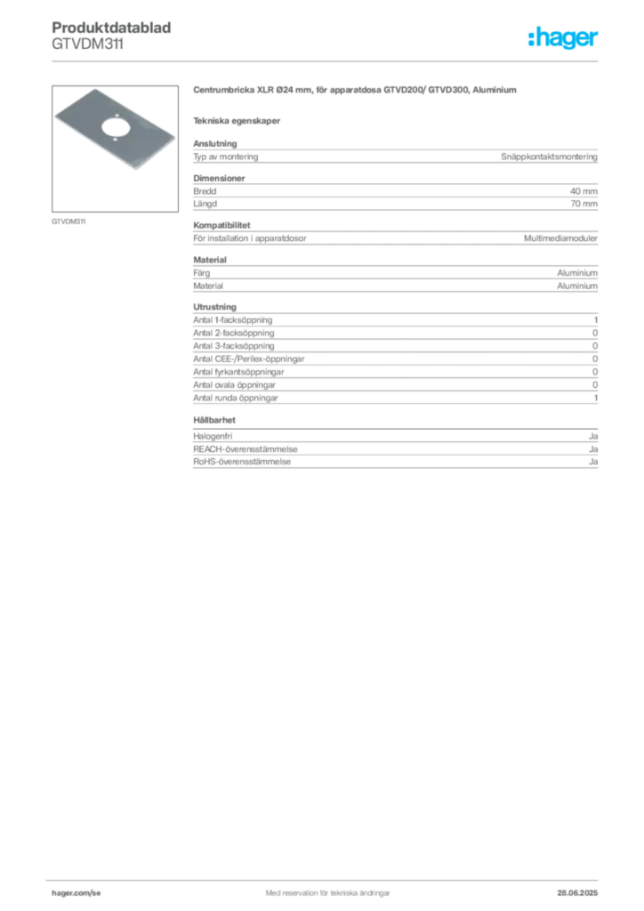 Bild Hager Produktdatablad GTVDM311 | Hager Sverige