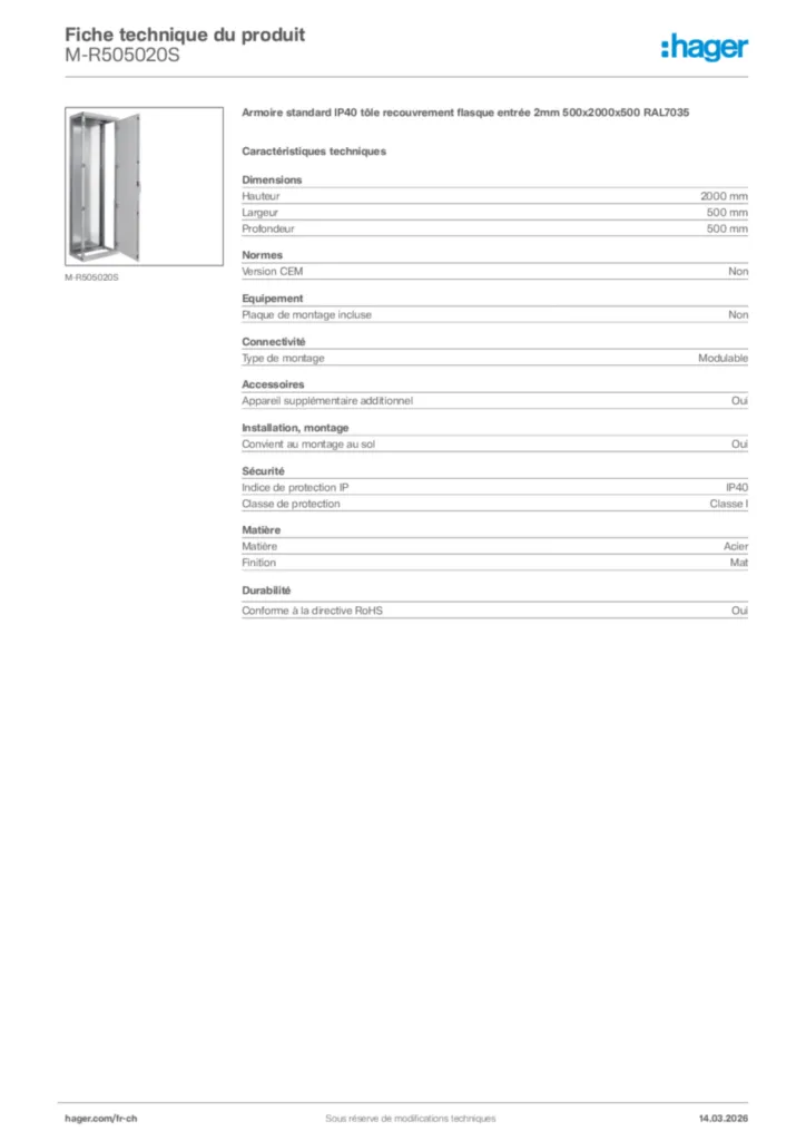 Image Hager Fiche technique du produit M-R505020S | Hager Suisse