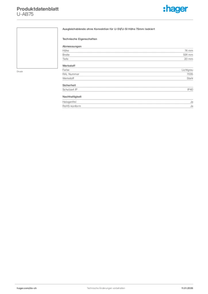 Bild Hager Produktdatenblatt U-AB75 | Hager Schweiz