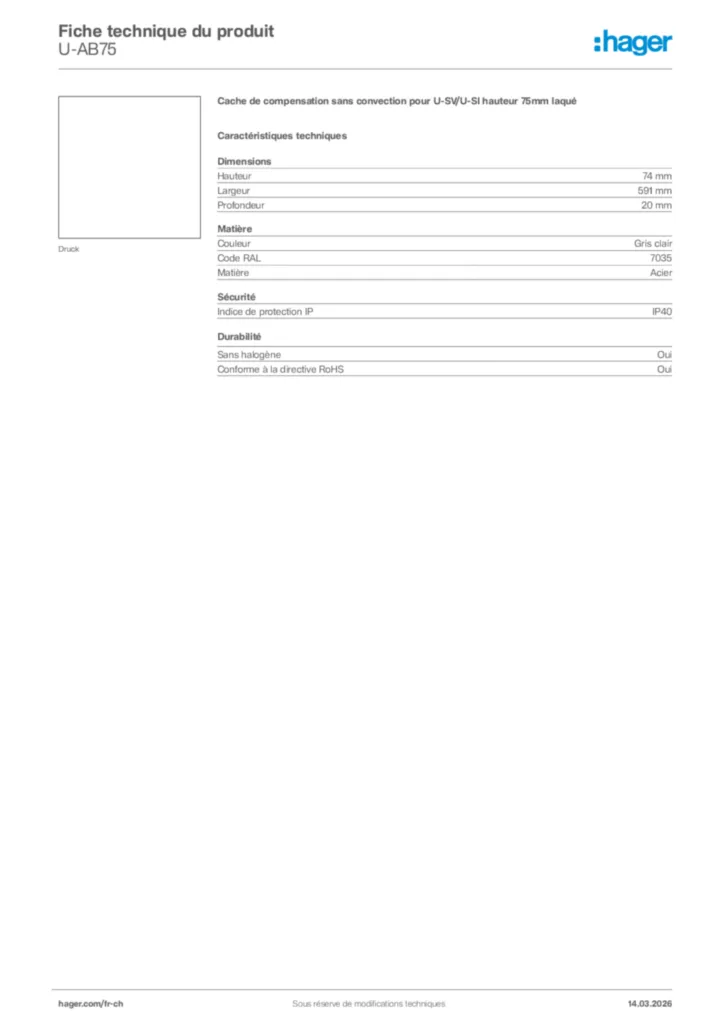 Image Hager Fiche technique du produit U-AB75 | Hager Suisse