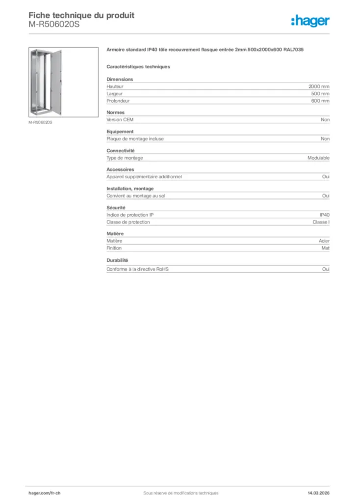 Image Hager Fiche technique du produit M-R506020S | Hager Suisse