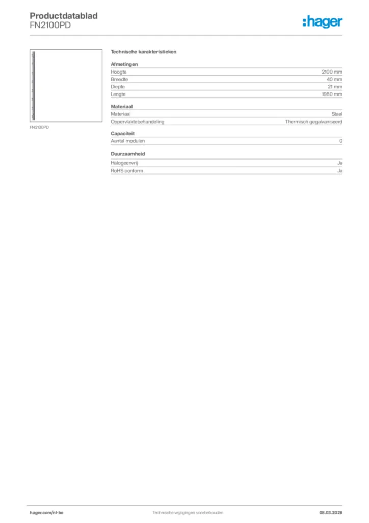 Afbeelding Hager Productdatablad FN2100PD | Hager Belgium