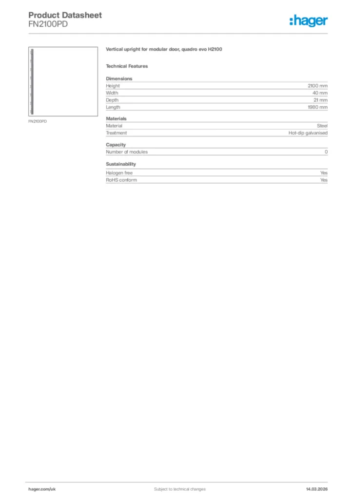 Image Hager Product data sheet FN2100PD  | Hager