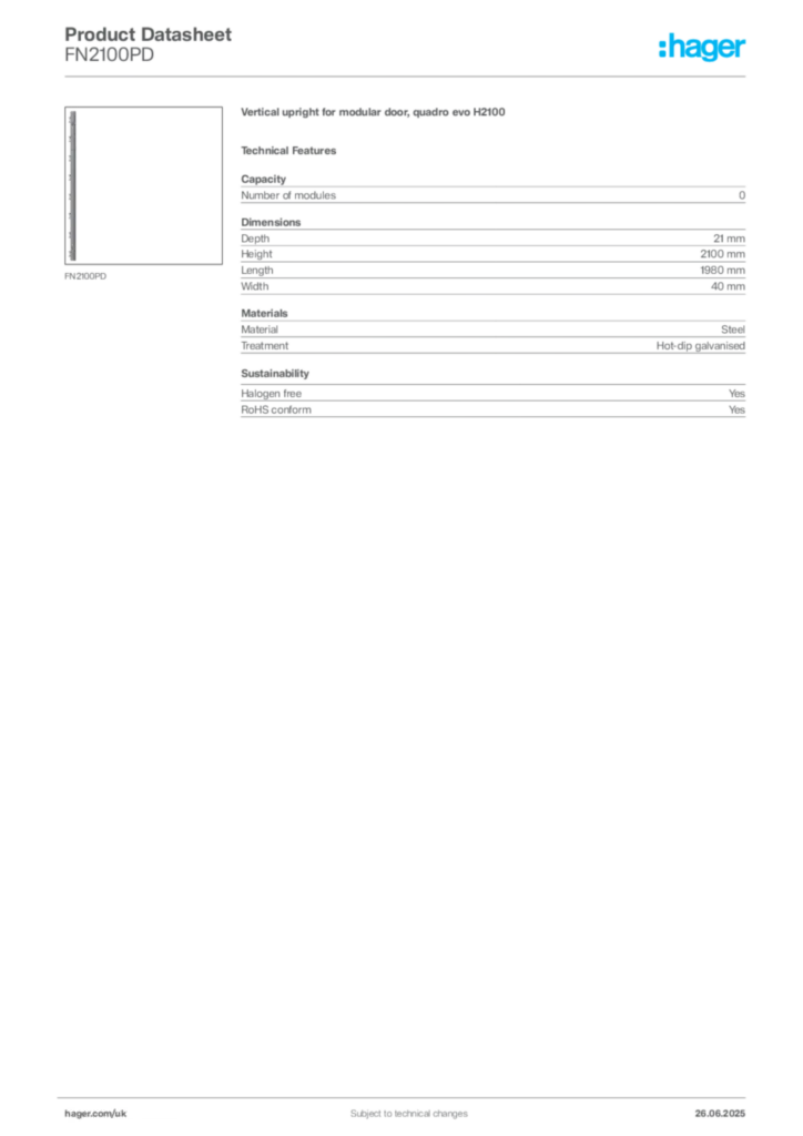 Image Hager Product data sheet FN2100PD  | Hager