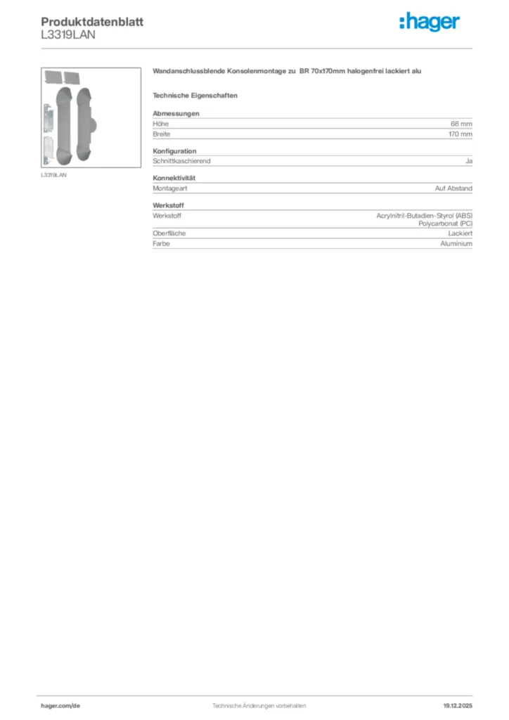 Bild Hager Produktdatenblatt L3319LAN | Hager Deutschland