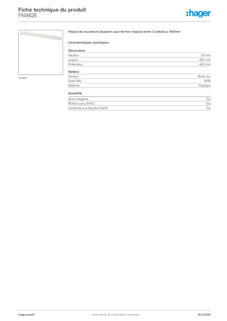Image Hager Fiche technique du produit FN942E | Hager France