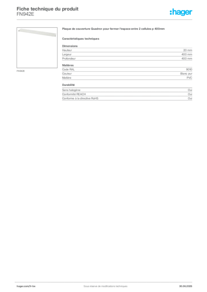 Image Hager Fiche technique du produit FN942E | Hager Belgique