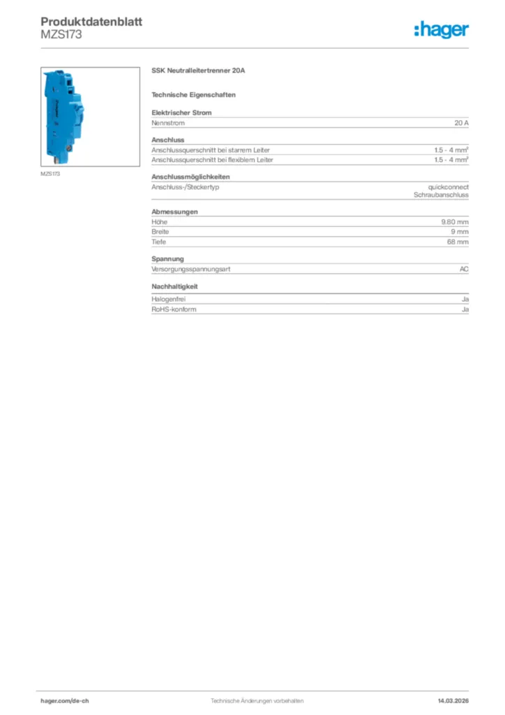 Bild Hager Produktdatenblatt MZS173 | Hager Schweiz