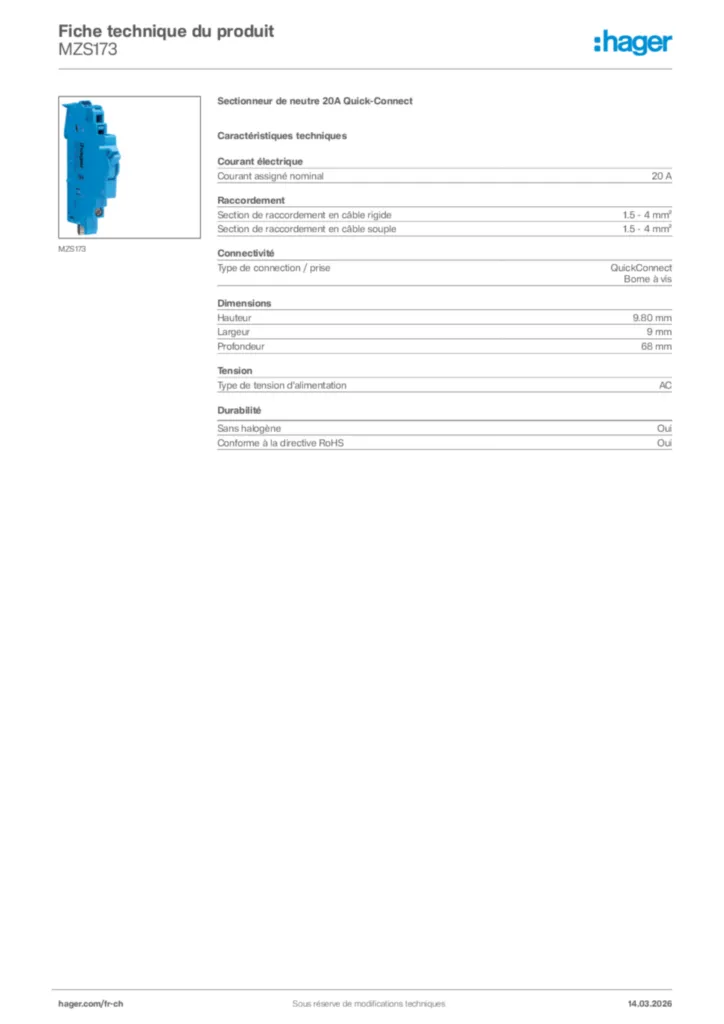 Image Hager Fiche technique du produit MZS173 | Hager Suisse