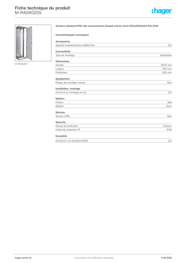 Image Hager Fiche technique du produit M-R404020S | Hager Suisse