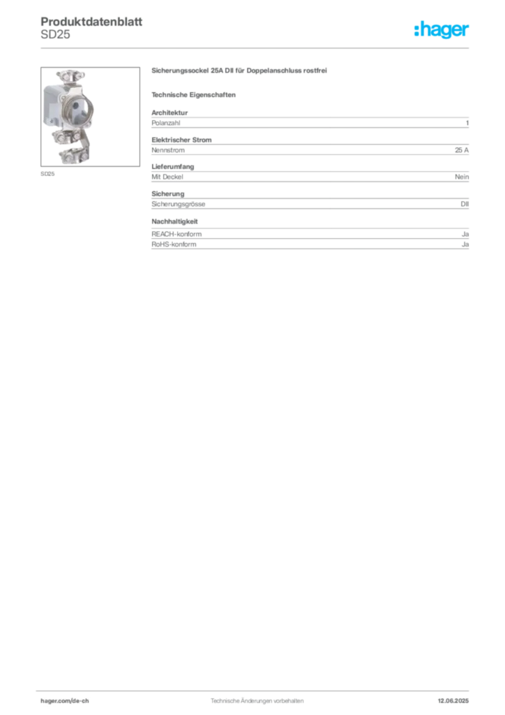 Bild Hager Produktdatenblatt SD25 | Hager Schweiz