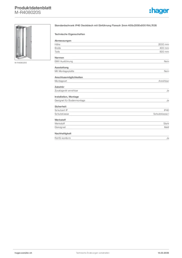 Bild Hager Produktdatenblatt M-R408020S | Hager Schweiz