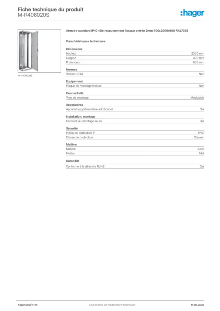 Image Hager Fiche technique du produit M-R406020S | Hager Suisse